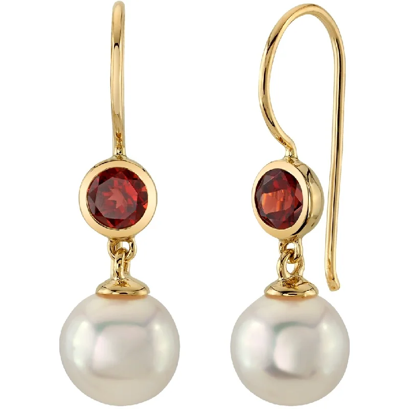 14k Yellow Gold Freshwater Pearl and Garnet Birthstone Drop Earrings