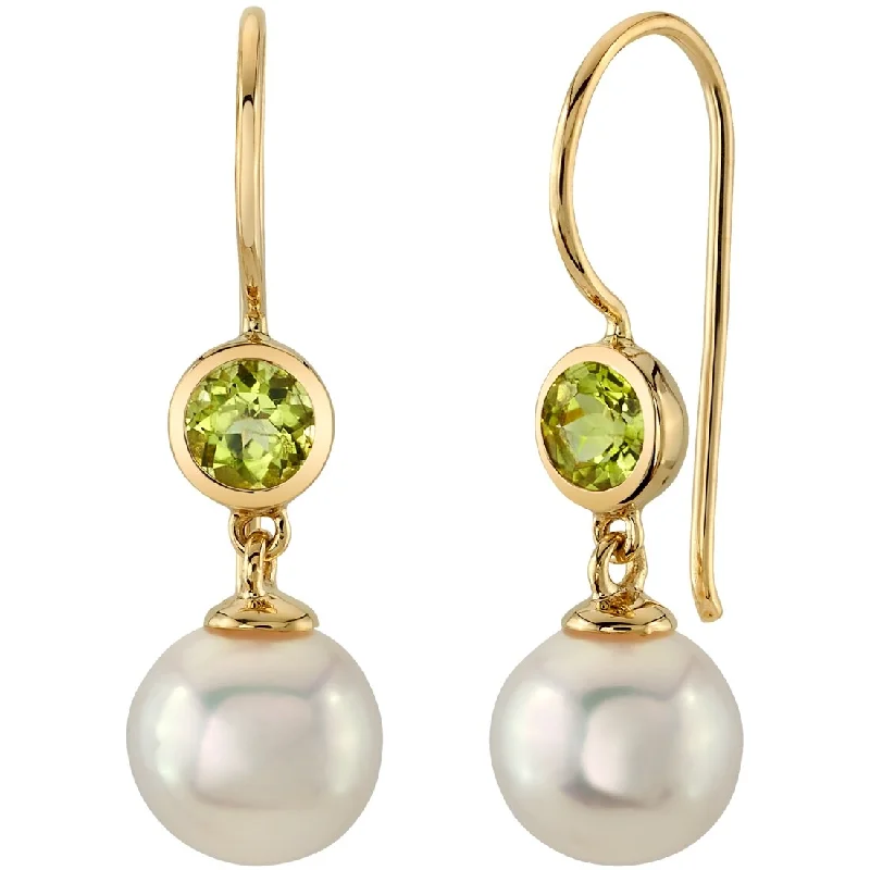 14k Yellow Gold Freshwater Pearl and Peridot Birthstone Drop Earrings