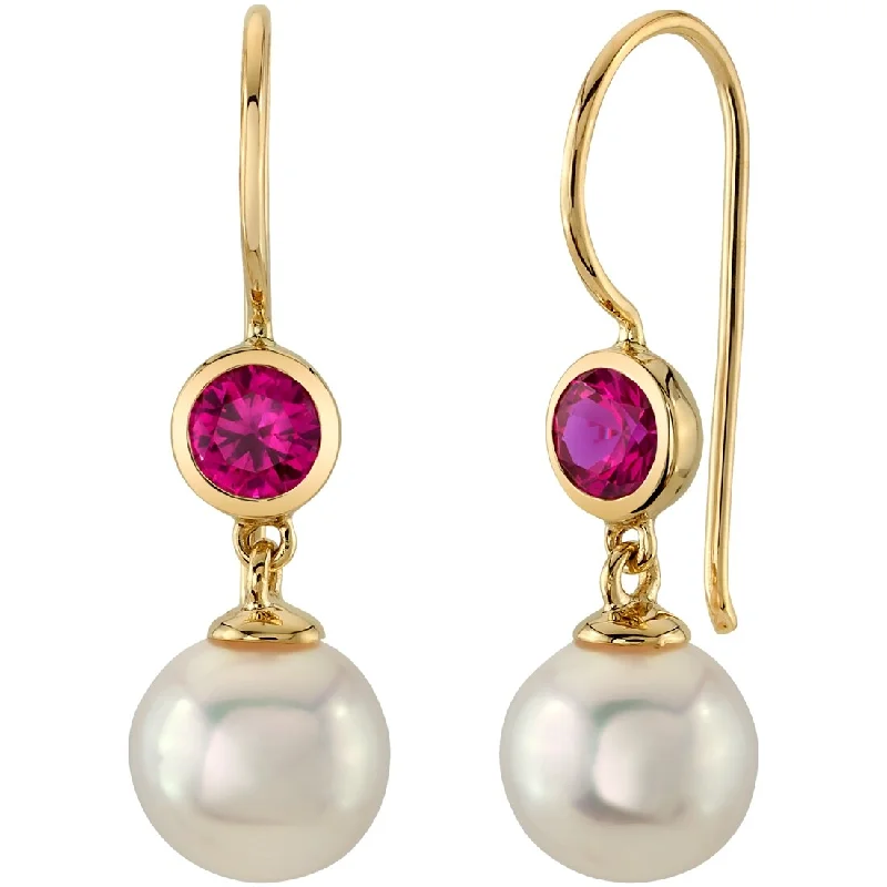 14k Yellow Gold Freshwater Pearl and Ruby Birthstone Drop Earrings