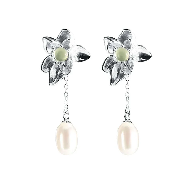 925 Silver Lotus Pearl Prehnite Earrings