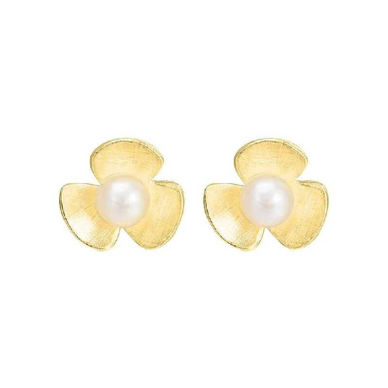 925 Silver Three Petal Flower Pearl Earrings