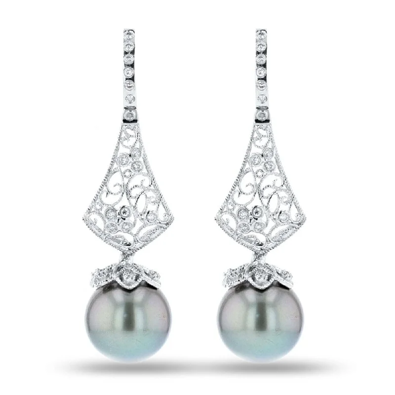 Auriya 14k White Gold Tahitian Pearl and 3/8ct TDW Diamond Earrings (13.00mm) - Black