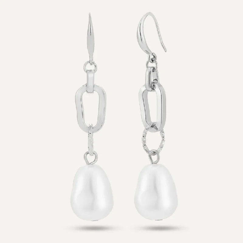 Chain-Link Faux Pearl Drop Earrings In Silver-Tone