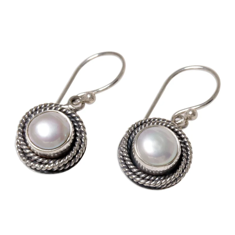 Cultured Pearl Dangle Earrings, 'Nest of Chains in White'