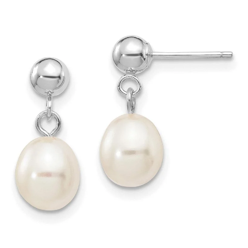 Curata 10k White Gold 6-7mm White Rice Freshwater Cultured Pearl Dangle Post Earrings