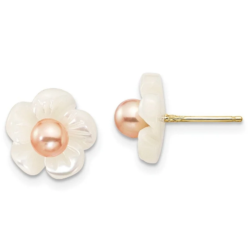 Curata 10k Yellow Gold 3-4mm Pink Freshwater Cultured Pearl 10mm Mother of Pearl Flower Post Earrings