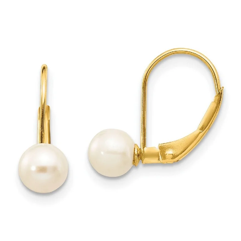 Curata 10k Yellow Gold 5-6mm White Round Freshwater Cultured Pearl Leverback Earrings