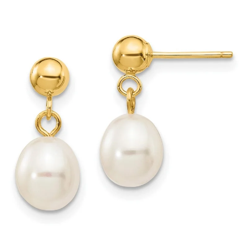 Curata 10k Yellow Gold 6-7mm White Rice Freshwater Cultured Pearl Dangle Earrings