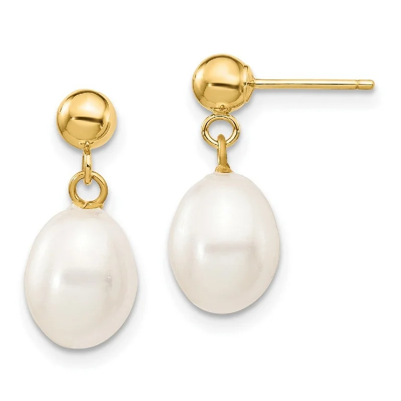 Curata 10k Yellow Gold 7-8mm White Rice Freshwater Cultured Pearl Dangle Post Earrings