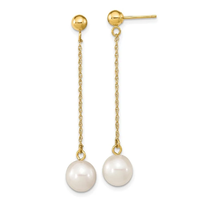 Curata 10k Yellow Gold 7-8mm White Round Freshwater Cultured Pearl Dangle Post Earrings