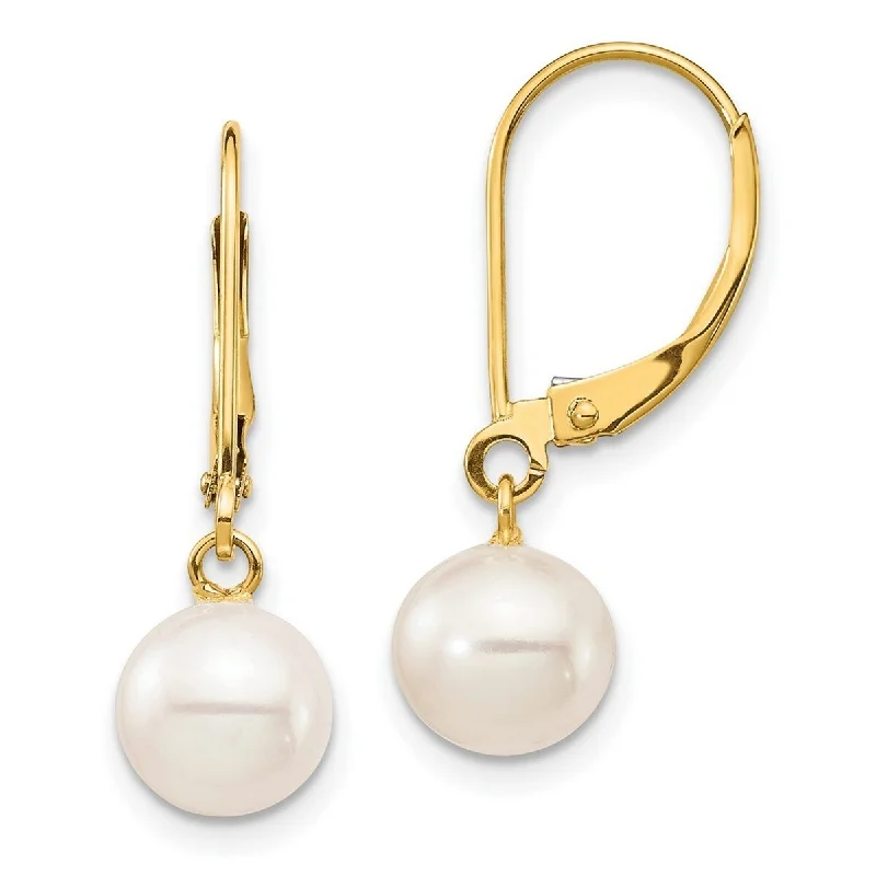 Curata 10k Yellow Gold 7-8mm White Round Freshwater Cultured Pearl Leverback Earrings