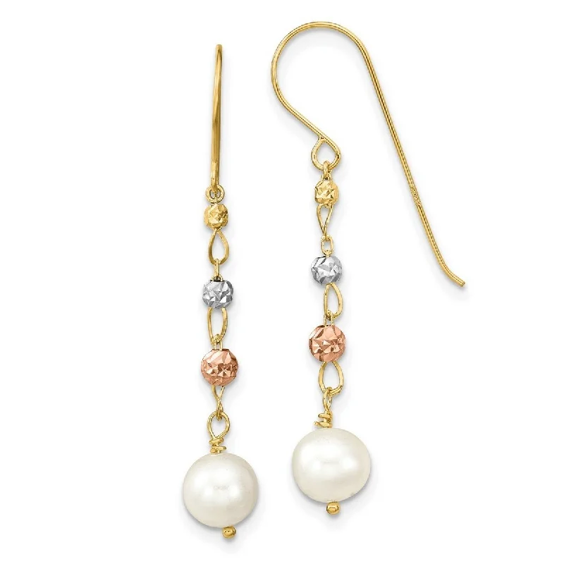 Curata 14k Two Tone Gold 40.6x6.33mm Diamond Cut Beads Freshwater Cultured Pearls Hook Earrings