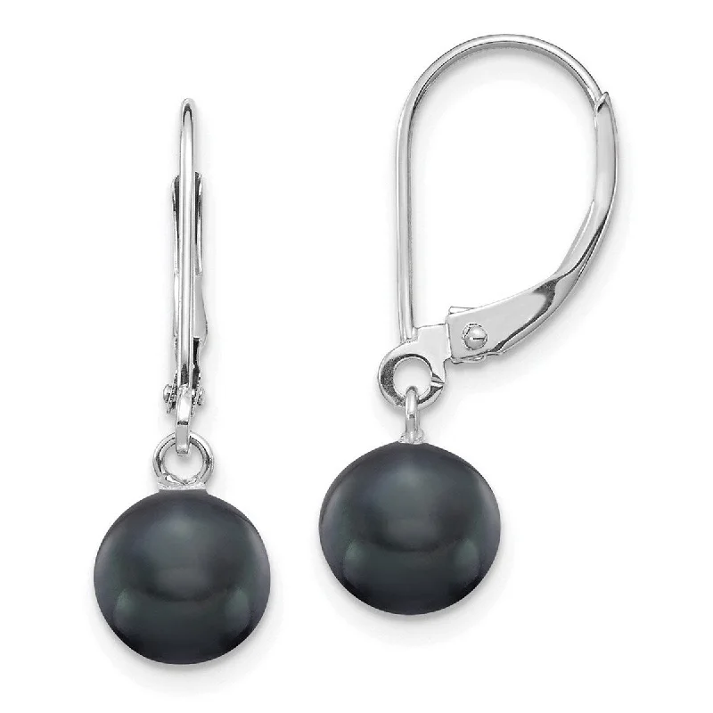 Curata 14k White Gold 7-7.5mm Black Round Freshwater Cultured Pearl Leverback Earrings (24mm)