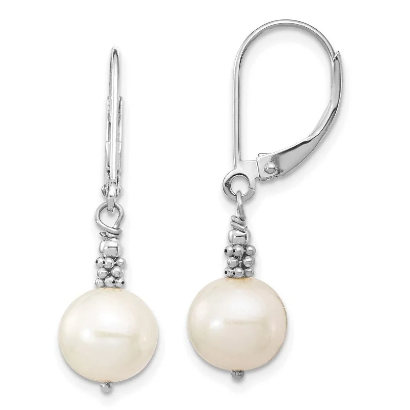 Curata 14k White Gold 8-9mm Round White Freshwater Cultured Pearl Leverback Earrings (31mm)