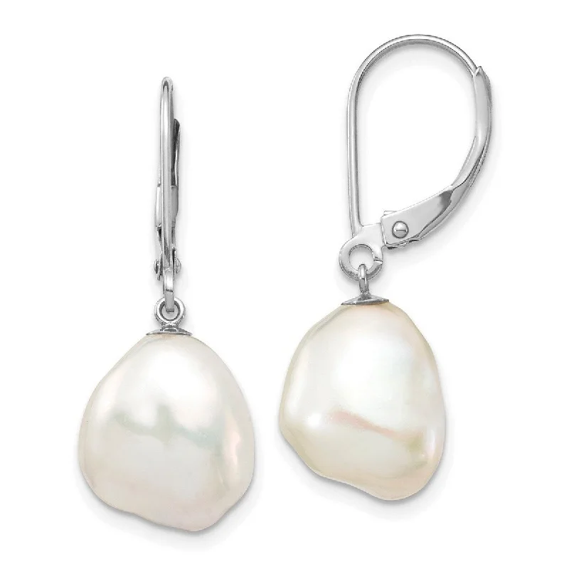 Curata 14k White Gold Keshi White Freshwater Cultured Pearl Dangle Earrings (13-15x29.41mm)