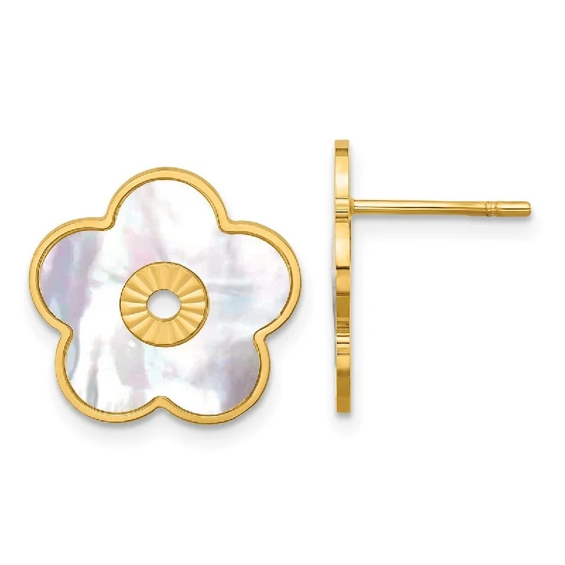 Curata 14k Yellow Gold 15.5mm Simulated Mother of Pearl Flower Post Earrings