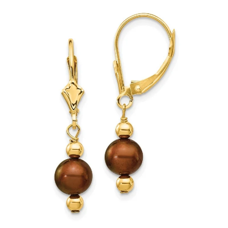 Curata 14k Yellow Gold 30x5mm Brown Freshwater Cultured Pearl and Bead Leverback Dangle Earrings