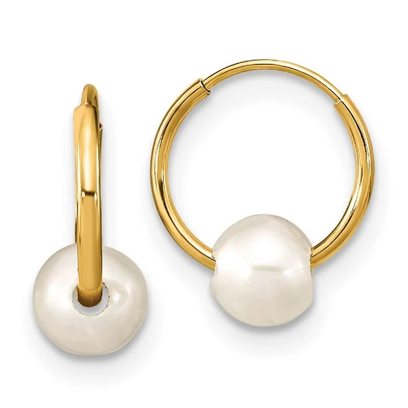 Curata 14k Yellow Gold 5-6mm Round White Freshwater Cultured Pearl Hoop Earrings (11.57x9.8mm)