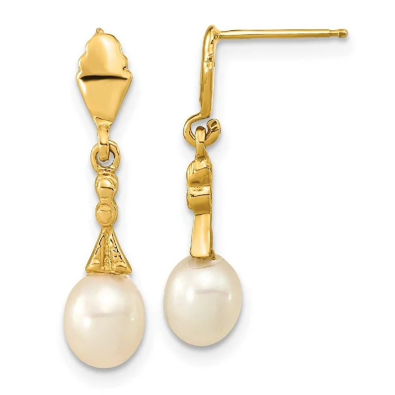 Curata 14k Yellow Gold 5-6mm White Rice Freshwater Cultured Pearl Post Dangle Earrings (24x5.5mm)