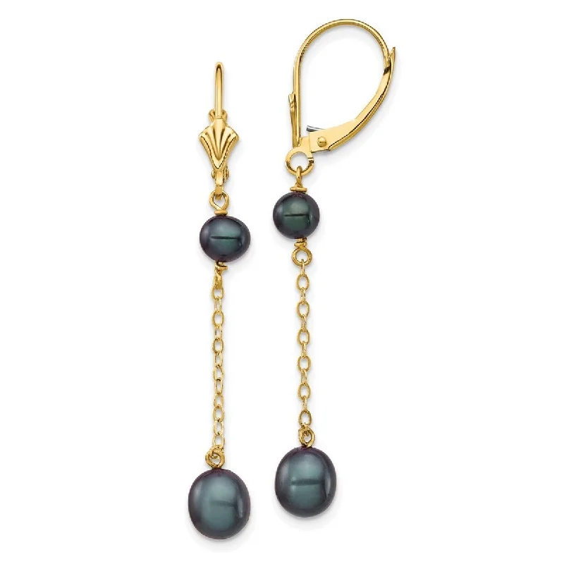 Curata 14k Yellow Gold 5-7mm Black Rice Freshwater Cultured Pearl Leverback Earrings - 49.75mm