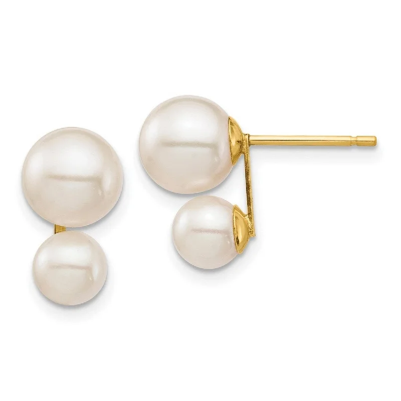 Curata 14k Yellow Gold 5 and 7mm White Round Cultured Double Pearl Post Earrings (12.75x7.27mm)