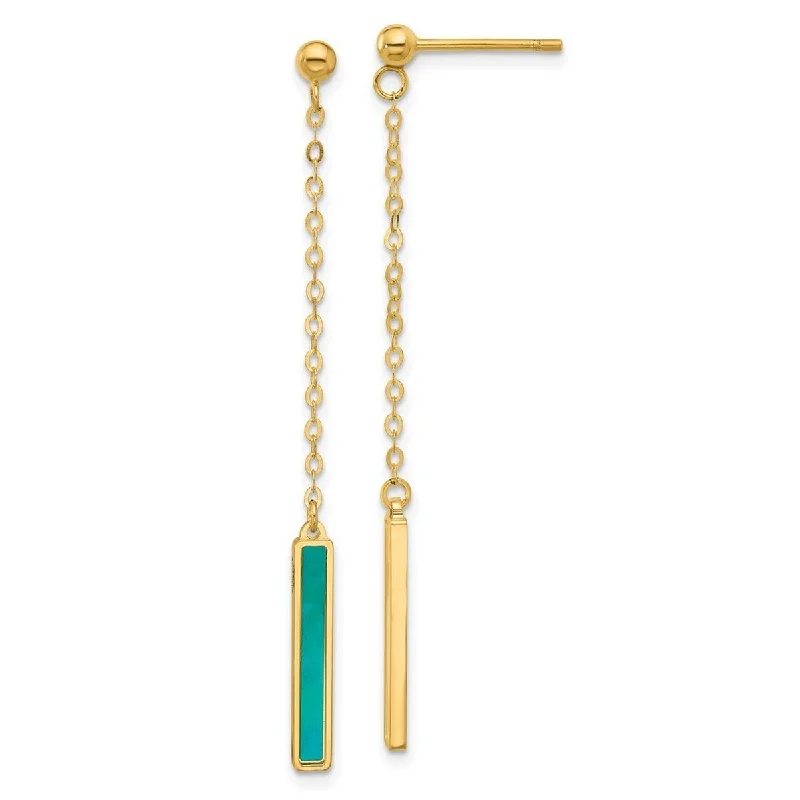 Curata 14k Yellow Gold 56.5x3mm Teal White Color Mother of Pearl Bar Dangle Post Earrings