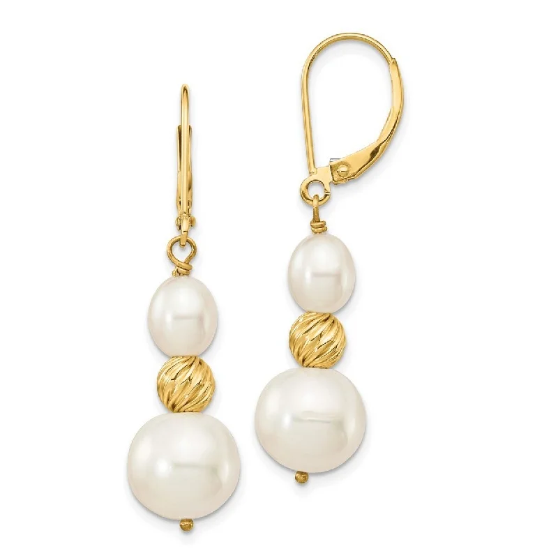 Curata 14k Yellow Gold 6-10mm White Freshwater Cultured Pearl Bead Leverback Earrings (41.46mm)