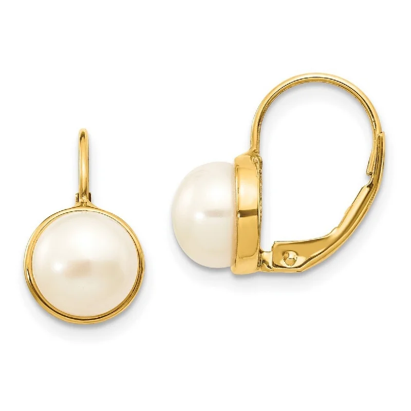 Curata 14k Yellow Gold 6.5-7mm White Freshwater Cultured Button Pearl Leverback Earrings 15x7mm