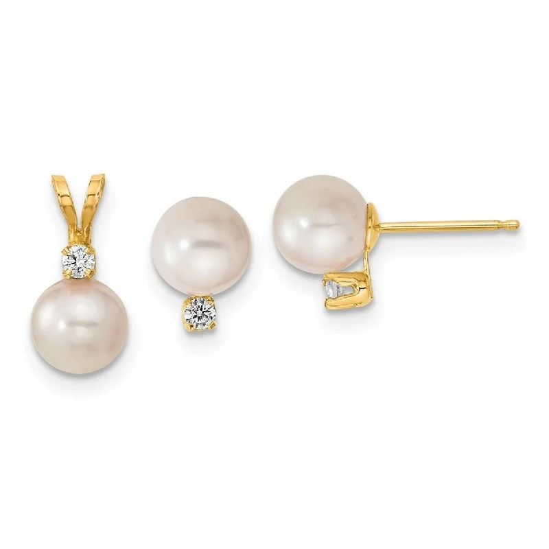 Curata 14k Yellow Gold 6-6.5mm Freshwater Cultured Pearl and Dmond Earrings Pendant Necklace