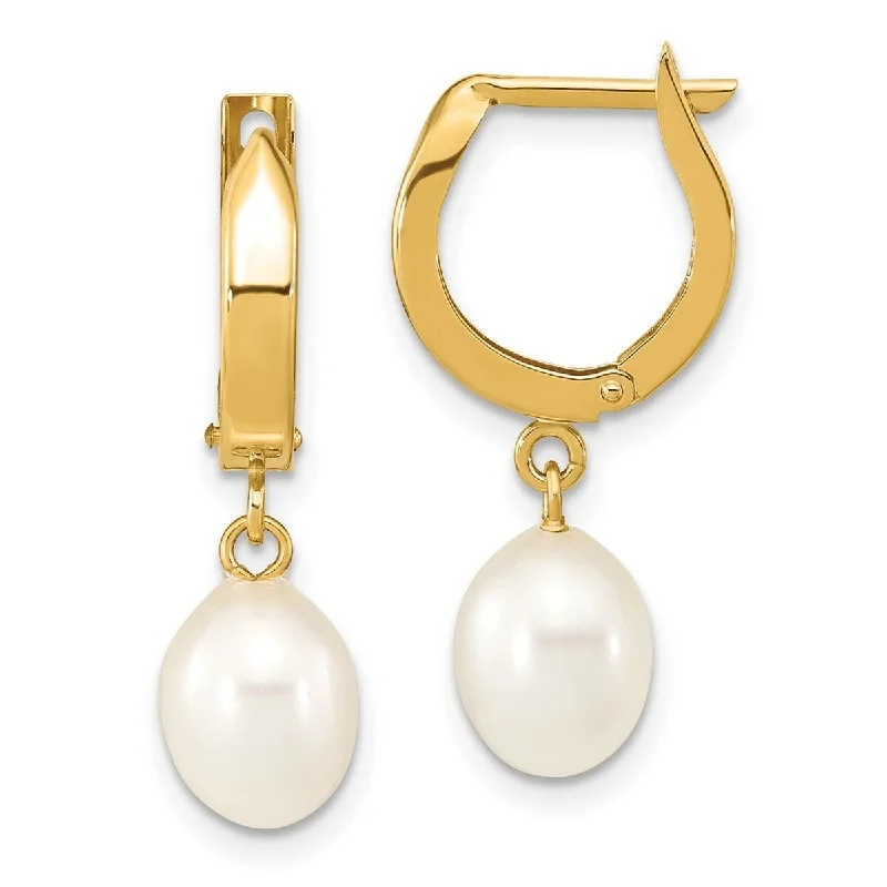 Curata 14k Yellow Gold 6-7mm Rice White Freshwater Cultured Pearl Hoop Dangle Earrings (24.75mm)