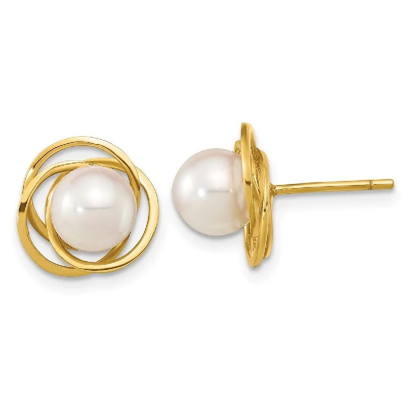 Curata 14k Yellow Gold 6-7mm Round White Saltwater Akoya Pearl Post Earrings (11.39x6.75mm)