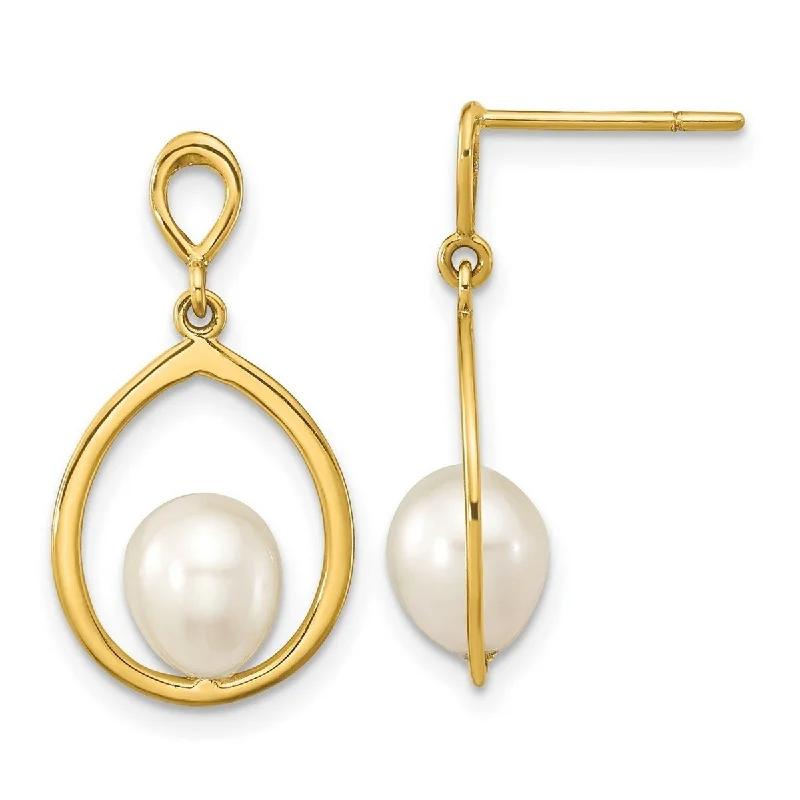 Curata 14k Yellow Gold 6-7mm Teardrop White Freshwater Cultured Pearl Dangle Earrings (23.25x12.35mm)