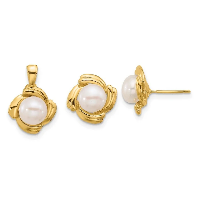 Curata 14k Yellow Gold 6-7mm White Button Freshwater Cultured Pearl Earrings and Pendant Necklace Set