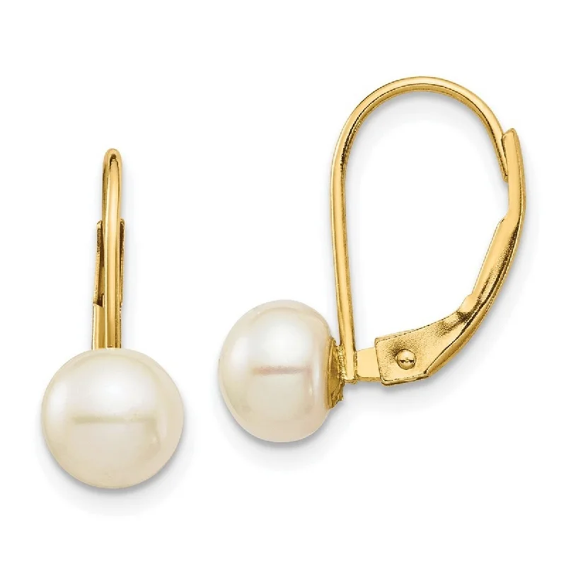 Curata 14k Yellow Gold 6-7mm White Button Freshwater Cultured Pearl Leverback Earrings (17.45mm)