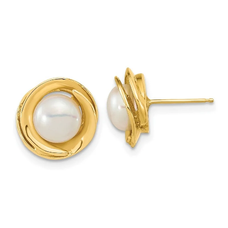 Curata 14k Yellow Gold 6-7mm White Button Freshwater Cultured Pearl Post Earrings (11.2x10.5mm)