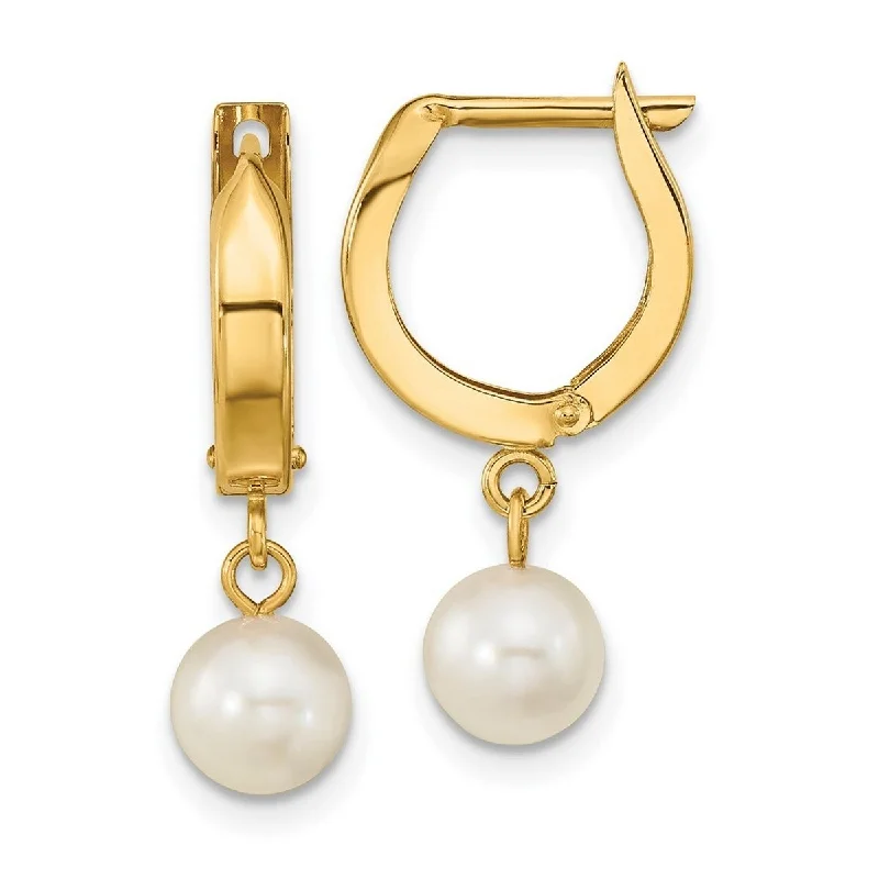 Curata 14k Yellow Gold 6-7mm White Round Akoya Saltwater Pearl Hoop Dangle Earrings (23.5x7mm)