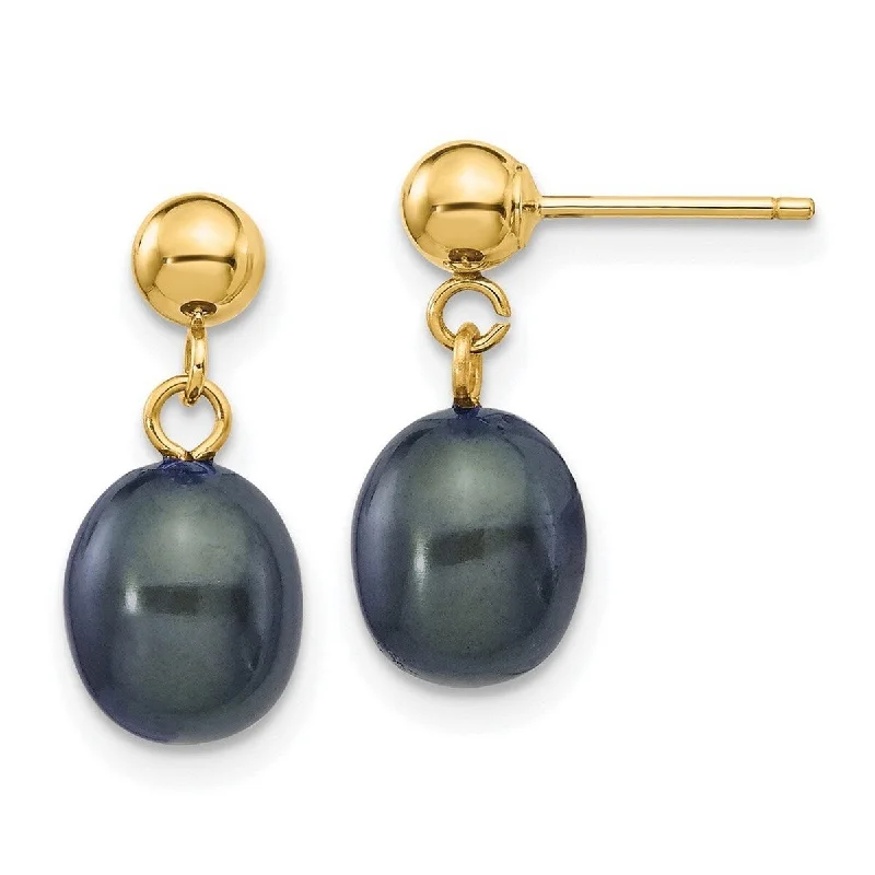 Curata 14k Yellow Gold 7-7.5mm Black Freshwater Cultured Pearl Dangle Earrings 16x7.5mm