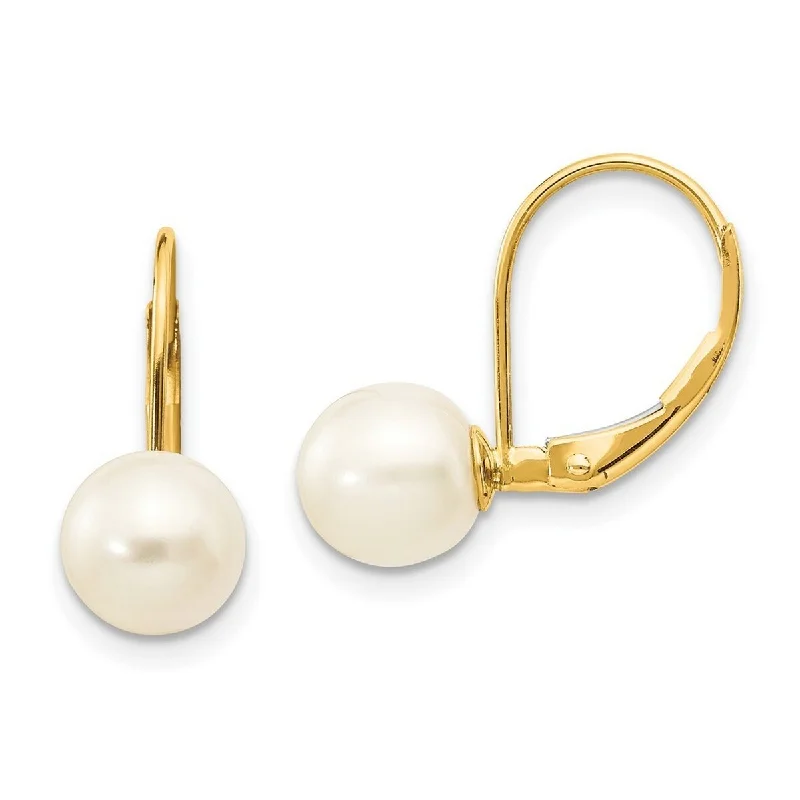 Curata 14k Yellow Gold 7 7.5mm Freshwater Cultured Pearl Leverback Earrings (17x7.5mm)