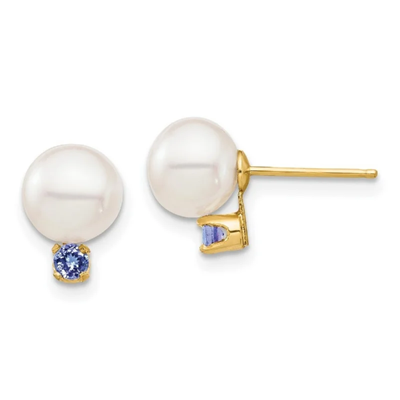 Curata 14k Yellow Gold 7-7.5mm White Round Freshwater Cultured Pearl Tanzanite Post Earrings 9.61mm