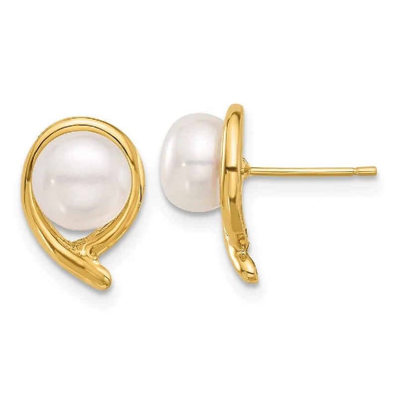 Curata 14k Yellow Gold 7-8mm Button White Freshwater Cultured Pearl Post Earrings (12x7.8mm)