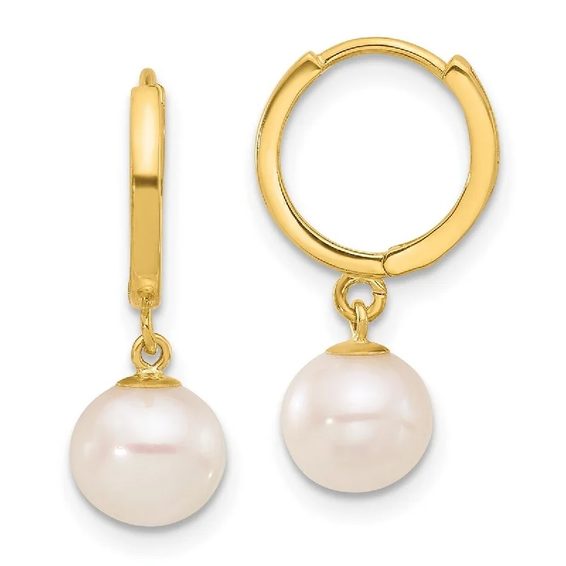 Curata 14k Yellow Gold 7-8mm Round Freshwater Cultured Pearl Dangle Hoop Earrings (21.3x7.2mm)