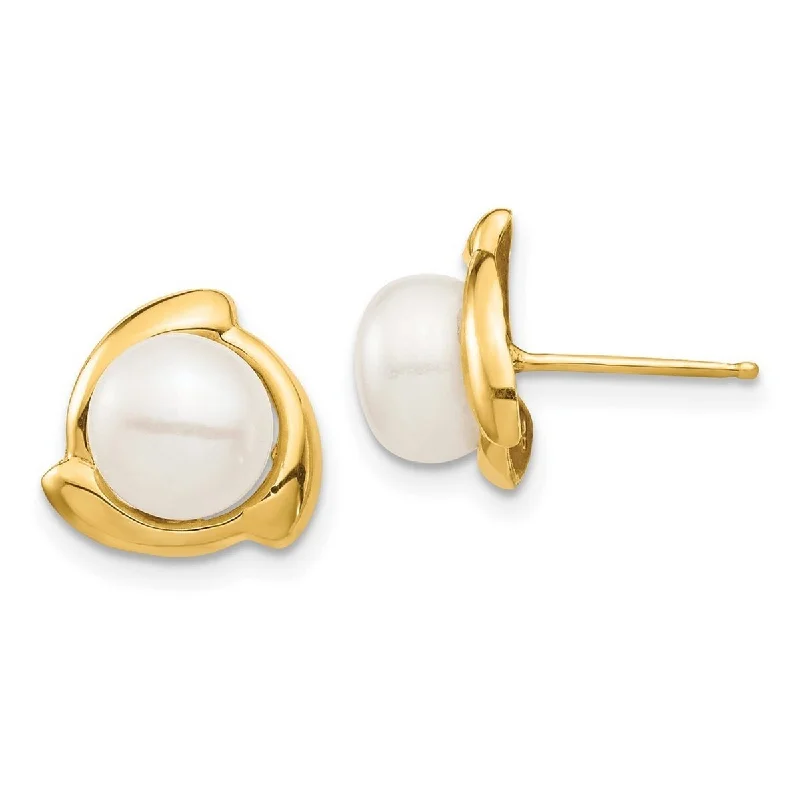 Curata 14k Yellow Gold 7-8mm White Button Freshwater Cultured Pearl Post Earrings (10.3x10.55mm)