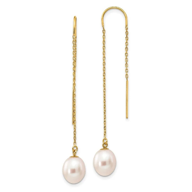 Curata 14k Yellow Gold 7-8mm White Freshwater Cultured Rice Pearl Dangle Threader Earrings (56mm)