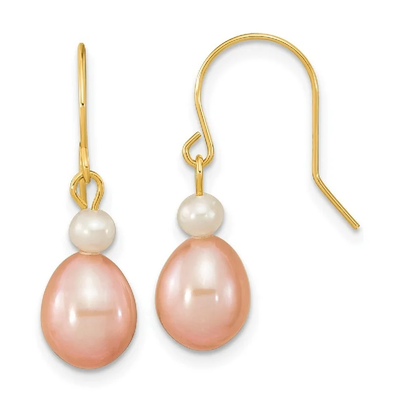 Curata 14k Yellow Gold 7-8mm White Pink Round Rice Freshwater Cultured Pearl Dangle Earrings 27x7.2mm