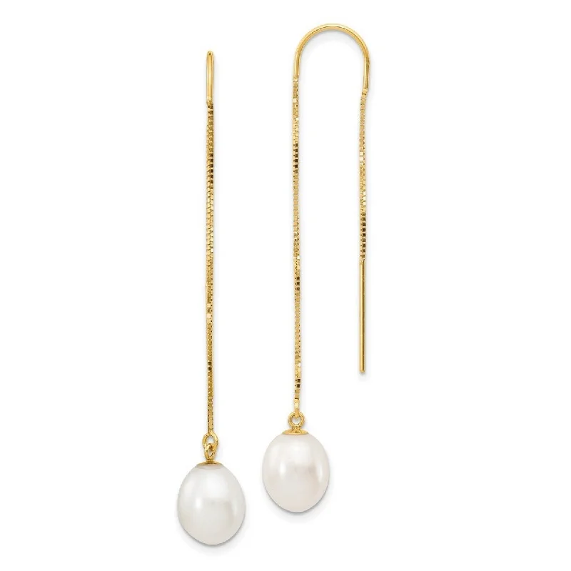 Curata 14k Yellow Gold 7-8mm White Rice Freshwater Cultured Pearl Box Chain Threader Earrings (55.88mm)