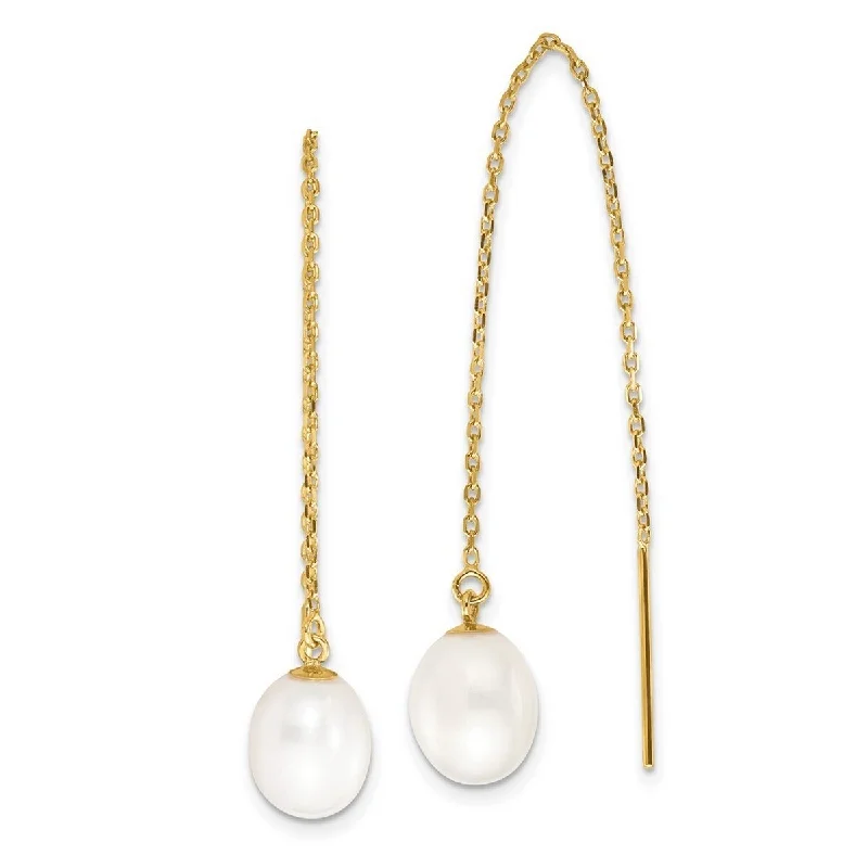 Curata 14k Yellow Gold 7-8mm White Rice Freshwater Cultured Pearl Cable Chain Threader Earrings (89.42mm)