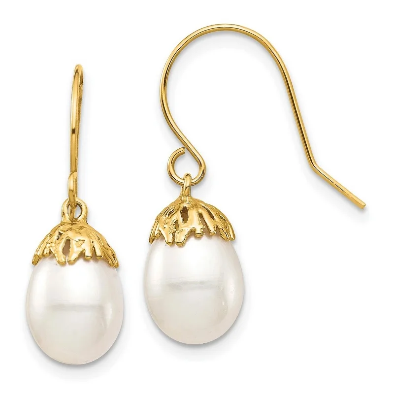 Curata 14k Yellow Gold 7-8mm White Rice Freshwater Cultured Pearl Dangle Earrings (23.19mm)