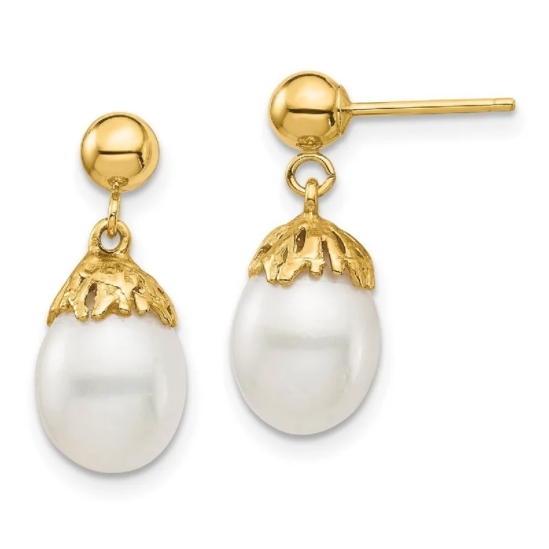 Curata 14k Yellow Gold 7-8mm White Rice Freshwater Cultured Pearl Dangle Post Earrings (17.51mm)