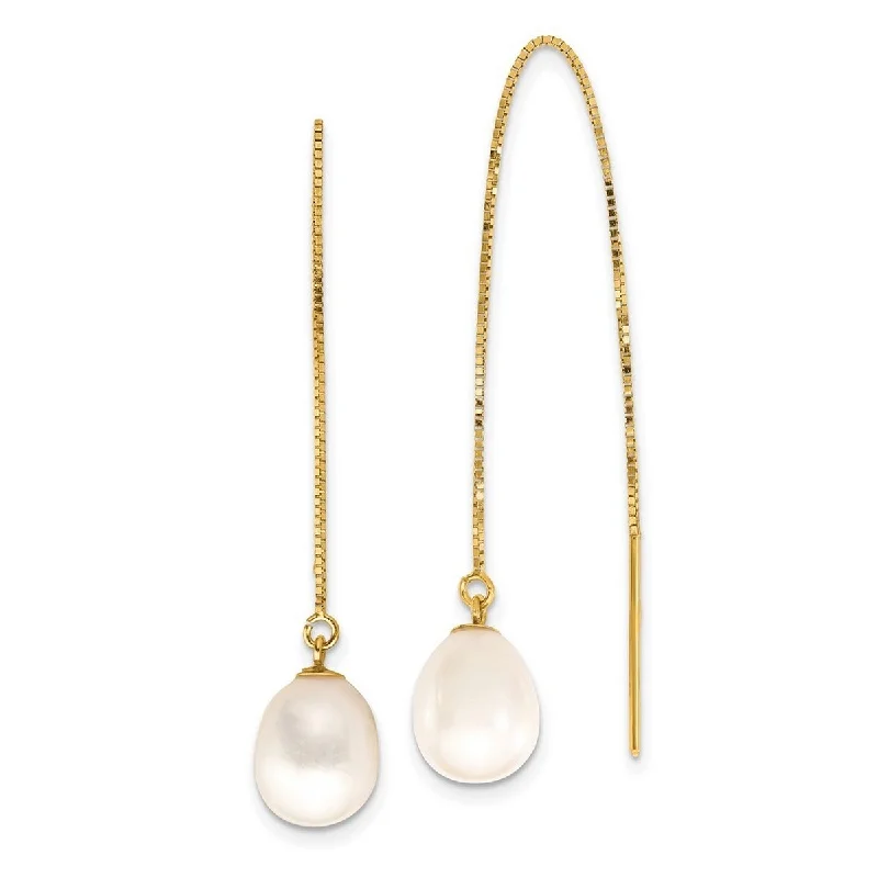 Curata 14k Yellow Gold 7-8mm White Teardrop Freshwater Cultured Pearl Box Chain Threader Earrings (90mm)