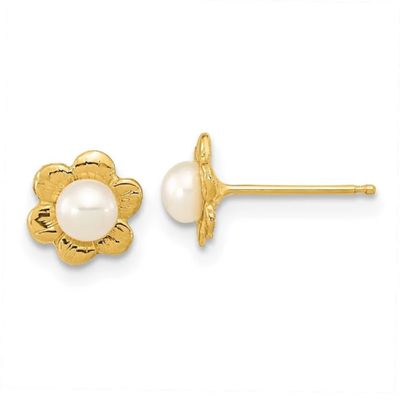 Curata 14k Yellow Gold 7mm 3-4mm White Button Freshwater Cultured Pearl Post Earrings